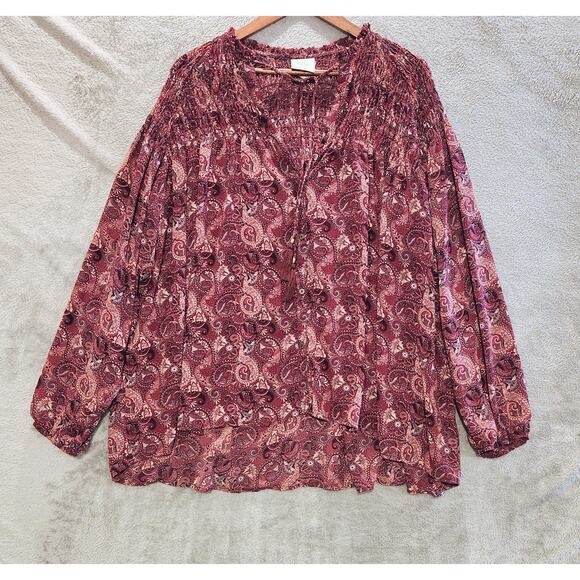 Knox Rose Burgundy Paisley Smocked Tasseled Long Sleeve Blouse Size XXL Boho - Picture 1 of 10